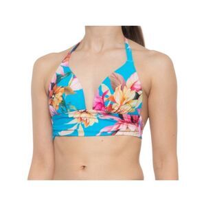 LA BLANCA Women's Blue Tropical Print Shirring Tie Halter Swimsuit Top 2